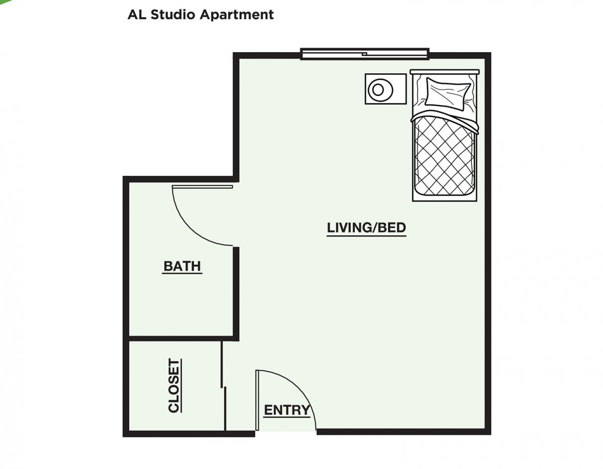Floor plan of a studio apartment featuring a living/bedroom area, bathroom, and closet.