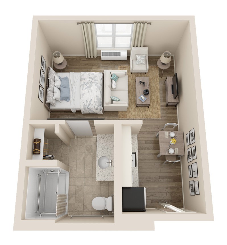 A compact 1-bedroom apartment floor plan with designated living, sleeping, and dining areas.