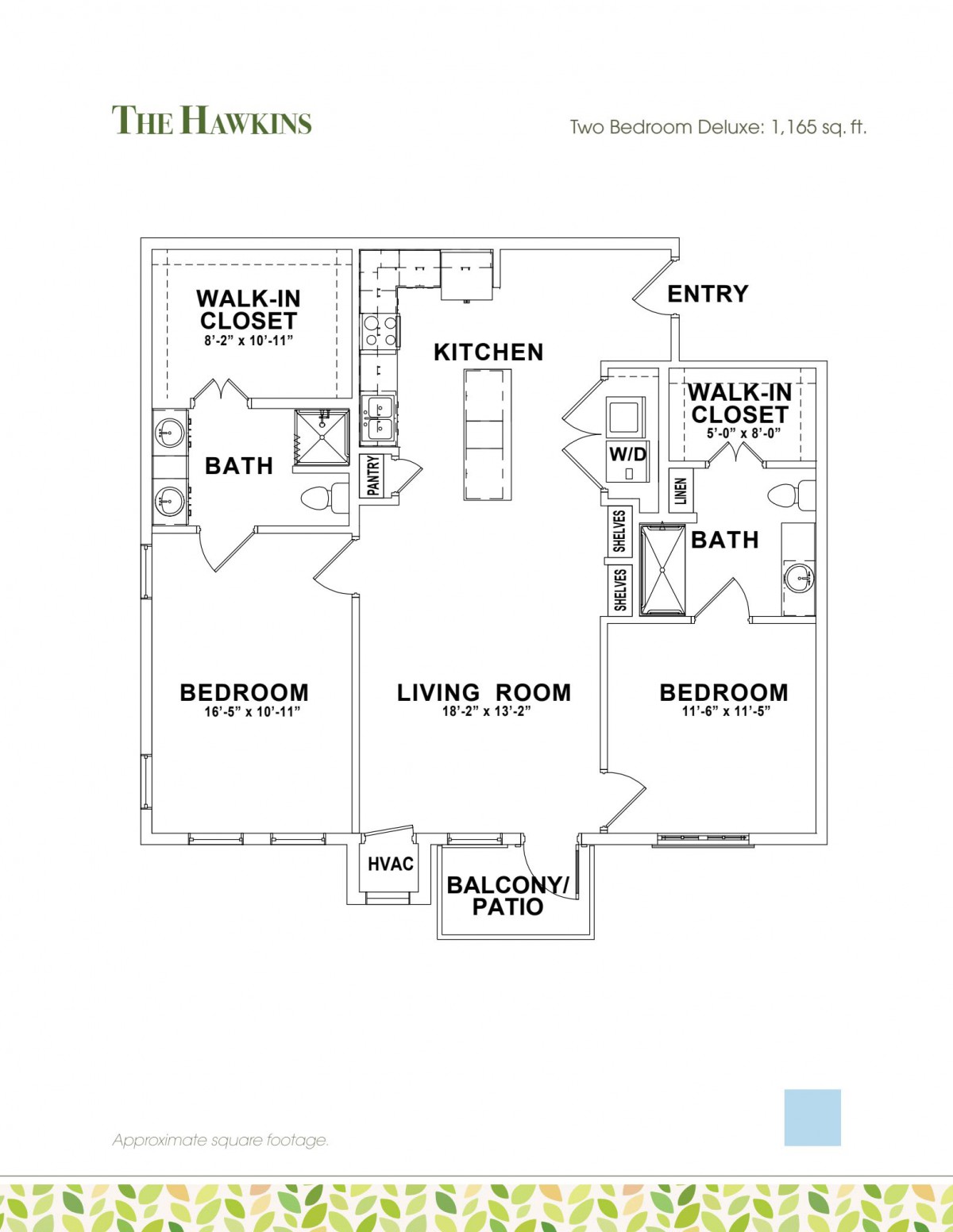A floor plan of a two-bedroom apartment with bathrooms, kitchen, living room, walk-in closets, and a balcony.