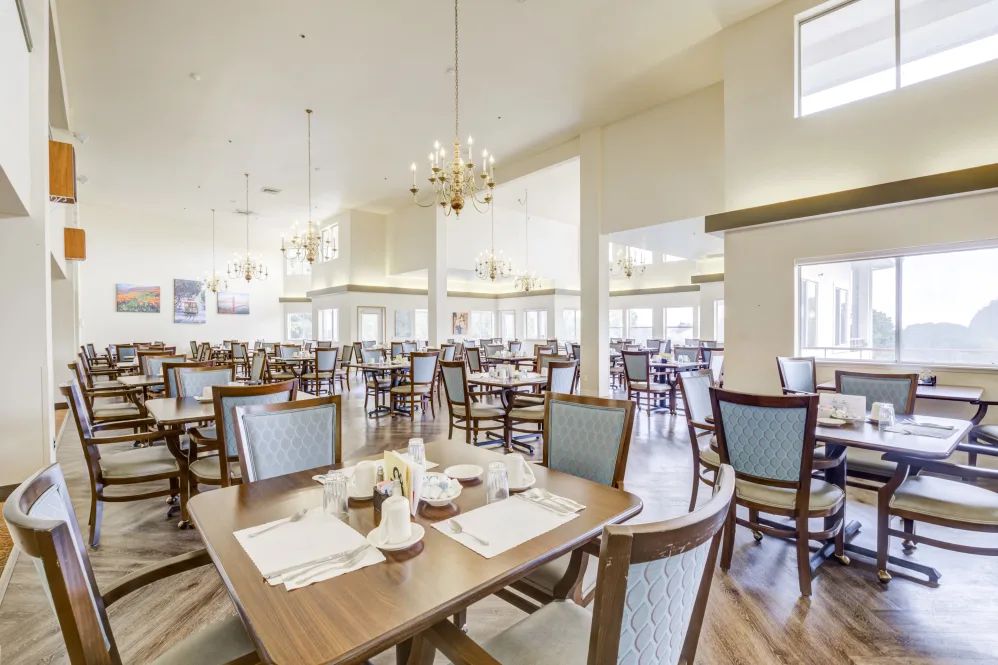 A spacious, elegantly designed dining area with neatly arranged tables and chairs.