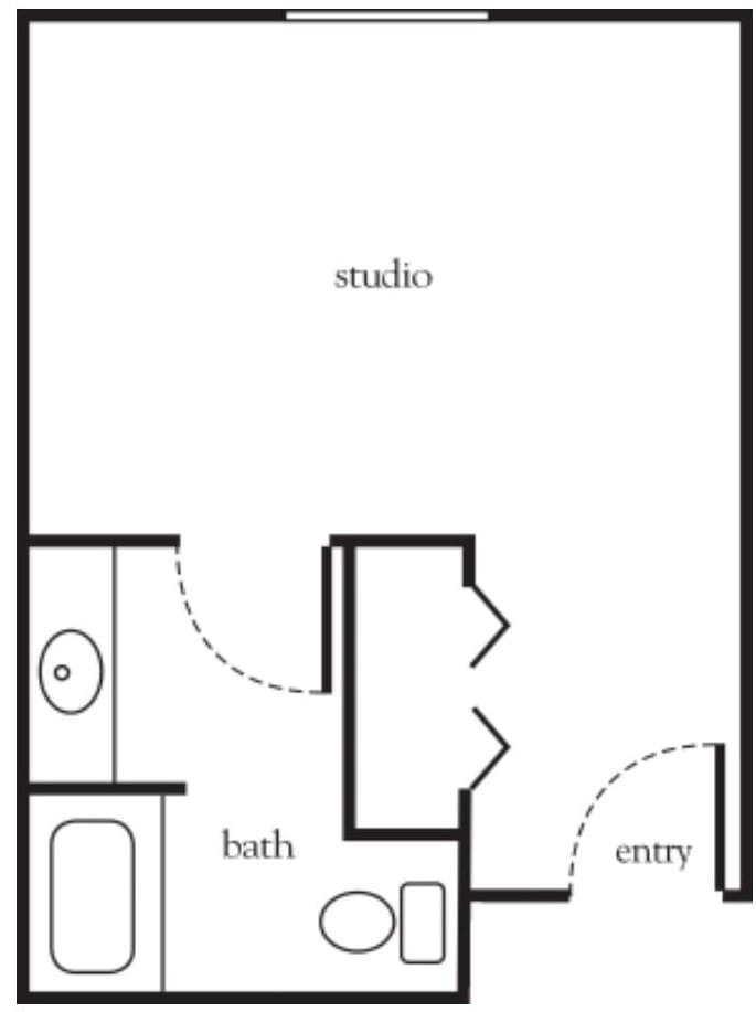 A floor plan of a studio apartment with an entry, bathroom, and main living area.