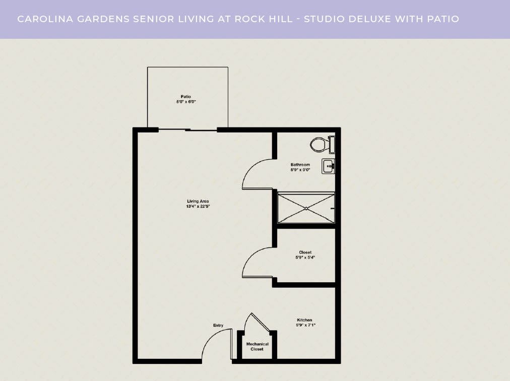Studio apartment floor plan with a compact layout.