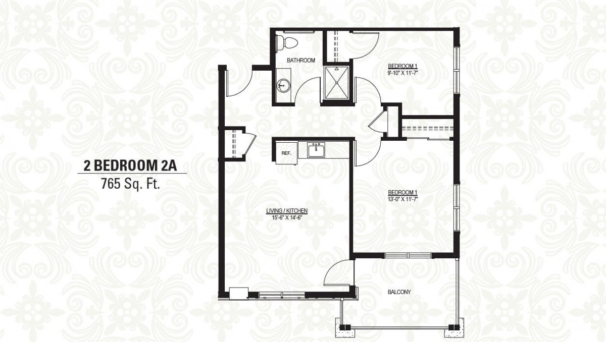 A floor plan of a two-bedroom apartment with labeled rooms and dimensions.
