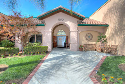 A sunny view of a residential house entrance with a driveway and landscaped garden.