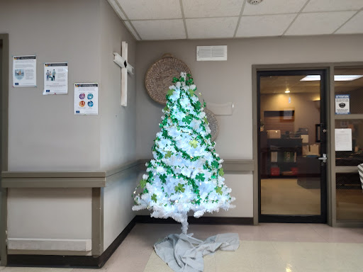 A beautifully decorated Christmas tree with green and white lights, bringing holiday cheer to the indoor space.