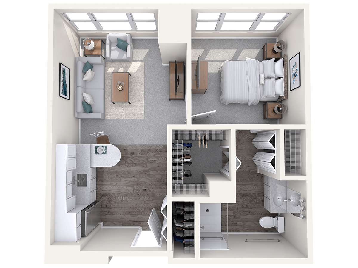 A detailed floor plan of a one-bedroom apartment featuring a living area, kitchen, bedroom, and bathroom.