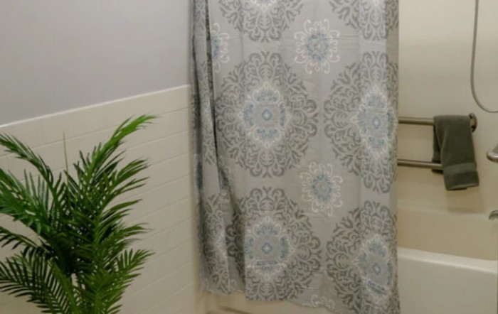 A bathroom with a patterned shower curtain and a potted plant.