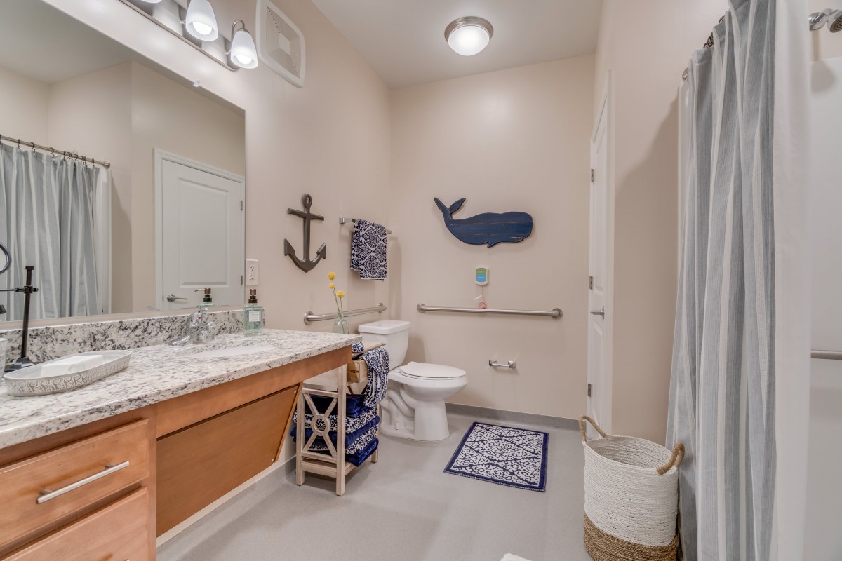 A bathroom with nautical-themed decor, featuring an anchor and whale on the wall.