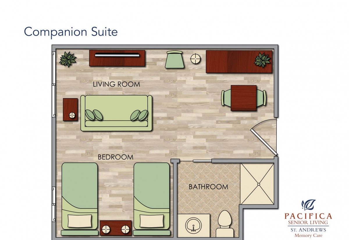 Companion Suite floor plan with designated bedroom, living room, and bathroom areas.