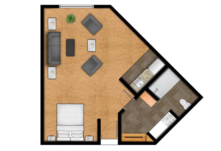 A floor plan showing the layout of a compact apartment with living, sleeping, and kitchen areas.
