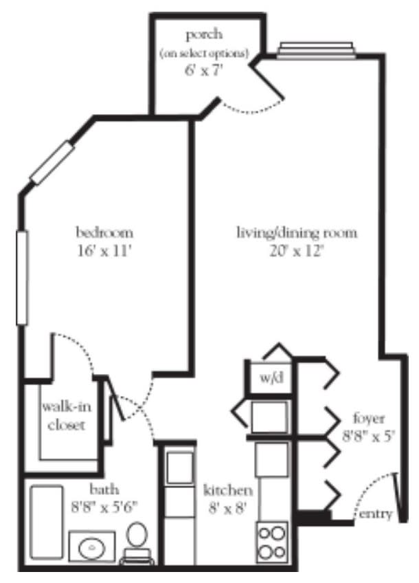 A floor plan of an apartment showing the layout of rooms including a bedroom, living/dining room, kitchen, and bath.