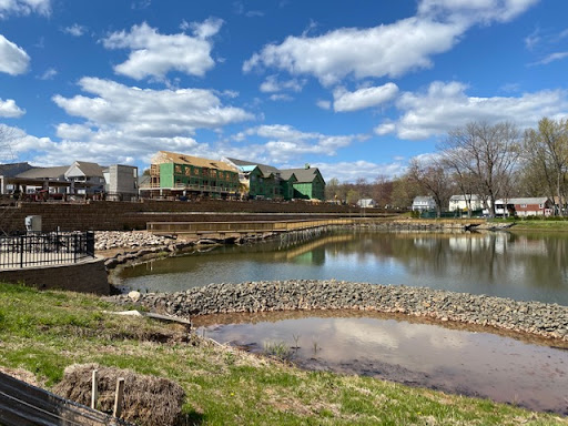 A serene view of a river with green buildings in the background under a partly cloudy sky.
