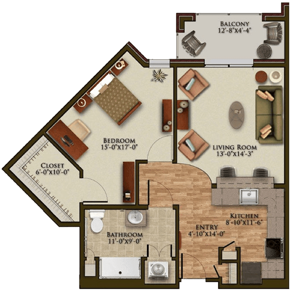This is a floor plan of a one-bedroom apartment showcasing the layout of the living room, kitchen, bedroom, bathroom, and balcony.