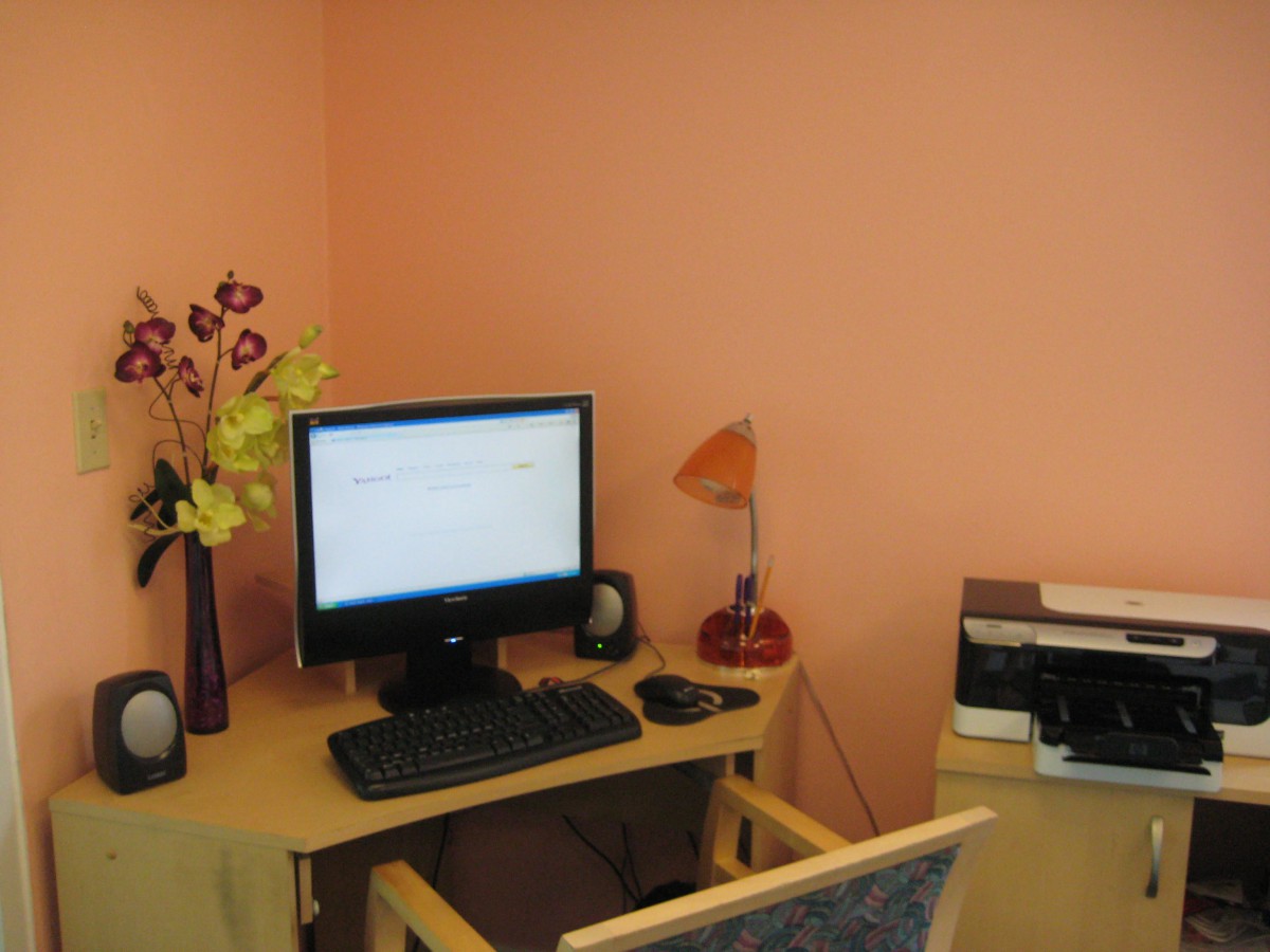 A small home office setup with a computer, desk, and decorative items.