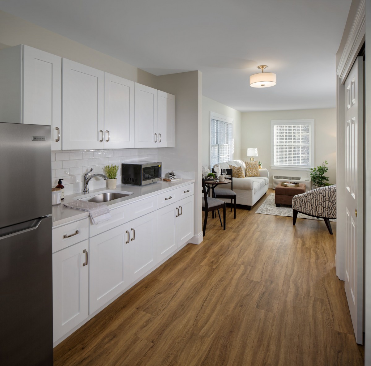 Modern apartment interior with a small kitchen and adjacent living room.