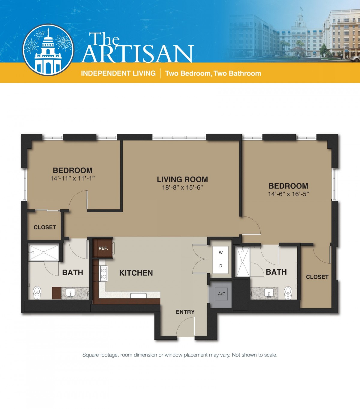 Floor plan of a two-bedroom apartment featuring a living room, kitchen, and bathrooms.