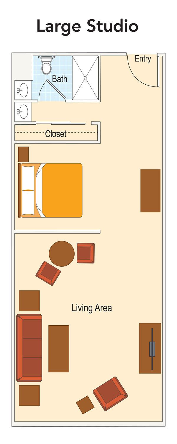 A simple floor plan showing a bedroom and living area with furniture layout.