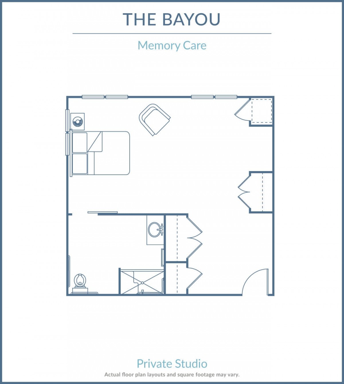 The Bayou Memory Care floor plan showing room layout.