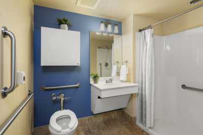 A modern bathroom with a blue accent wall, featuring a wall-mounted sink, toilet, and shower with a curtain.