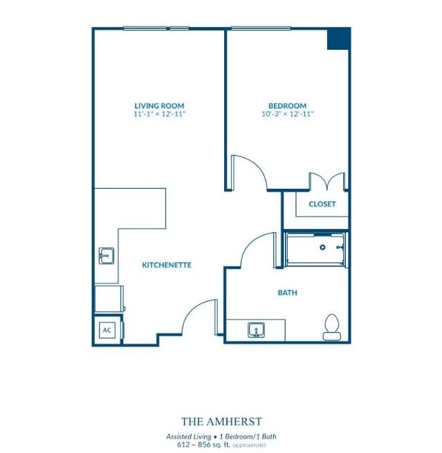 A floor plan of a one-bedroom apartment showing the kitchen, living room, and bathroom layout.