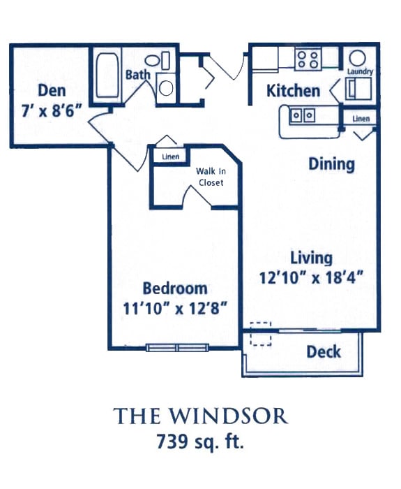 A floor plan for The Windsor, a 739 sq ft apartment with one bedroom, a den, living room, kitchen, dining area, and a deck.