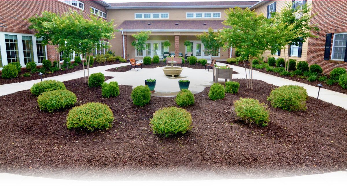 A beautifully landscaped garden with bushes and a central patio area.