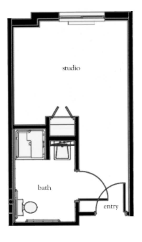 A floor plan of a studio apartment featuring a bathroom.