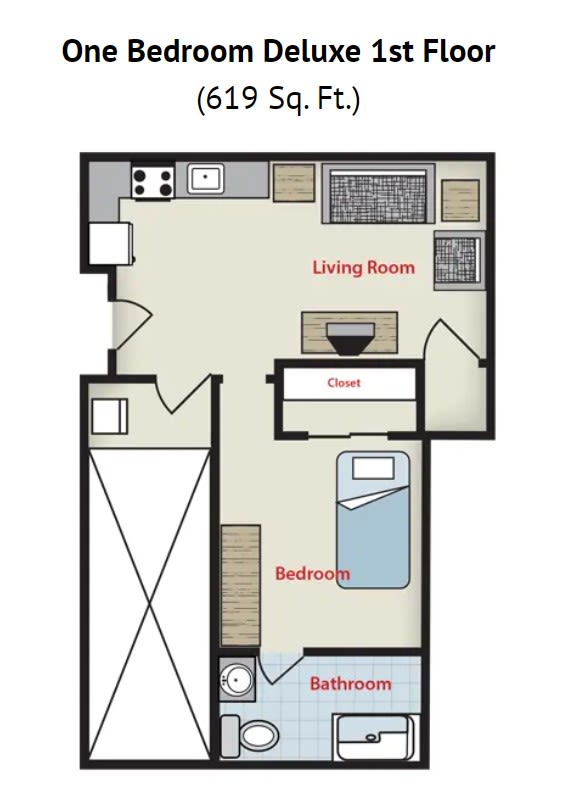 A floor plan of a one-bedroom apartment featuring a living room and kitchen.