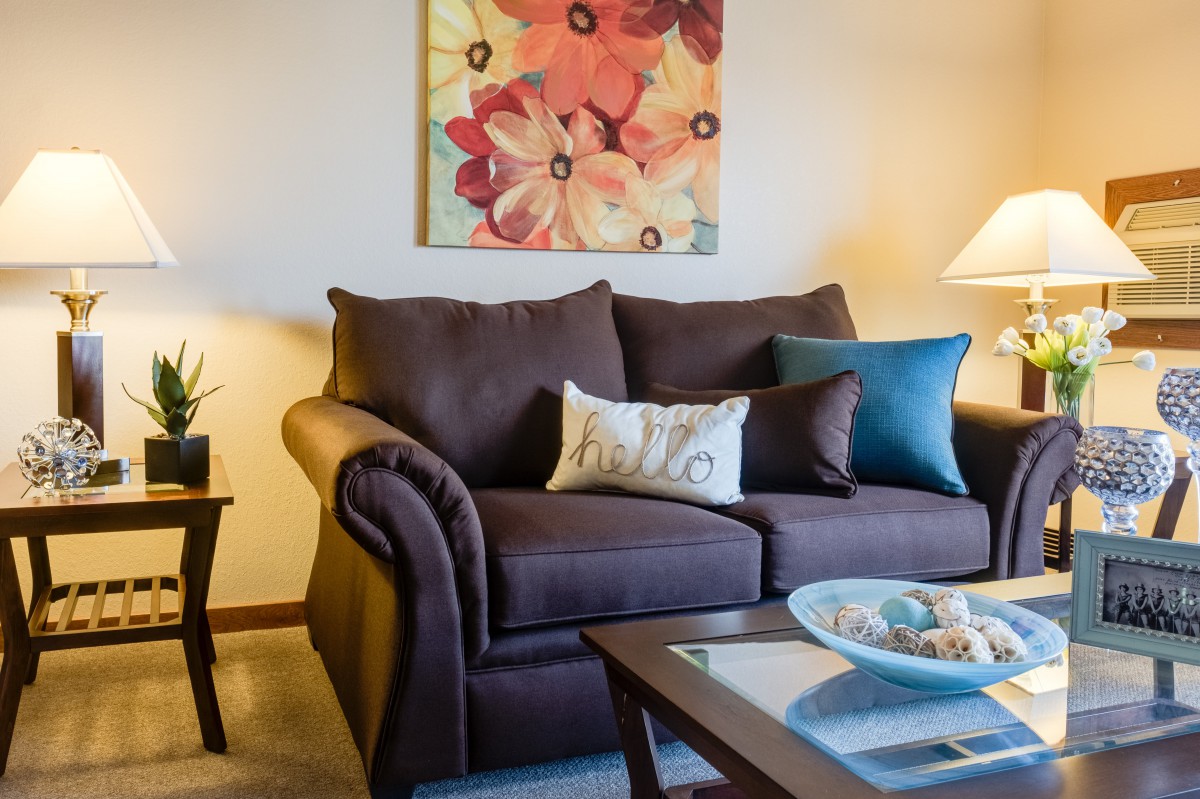 A cozy living room with a brown sofa, colorful cushions, and a floral painting on the wall.