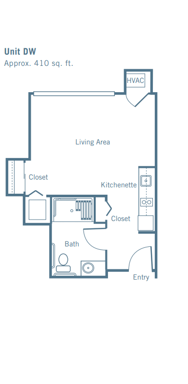 Studio apartment floor plan with living area, kitchenette, bathroom, and closets.