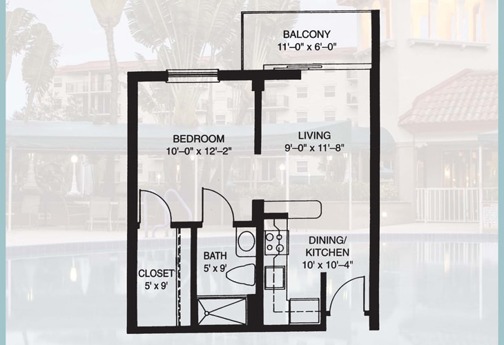 A floor plan of a one-bedroom apartment with labeled rooms including a kitchen, living area, bathroom, closet, and balcony.