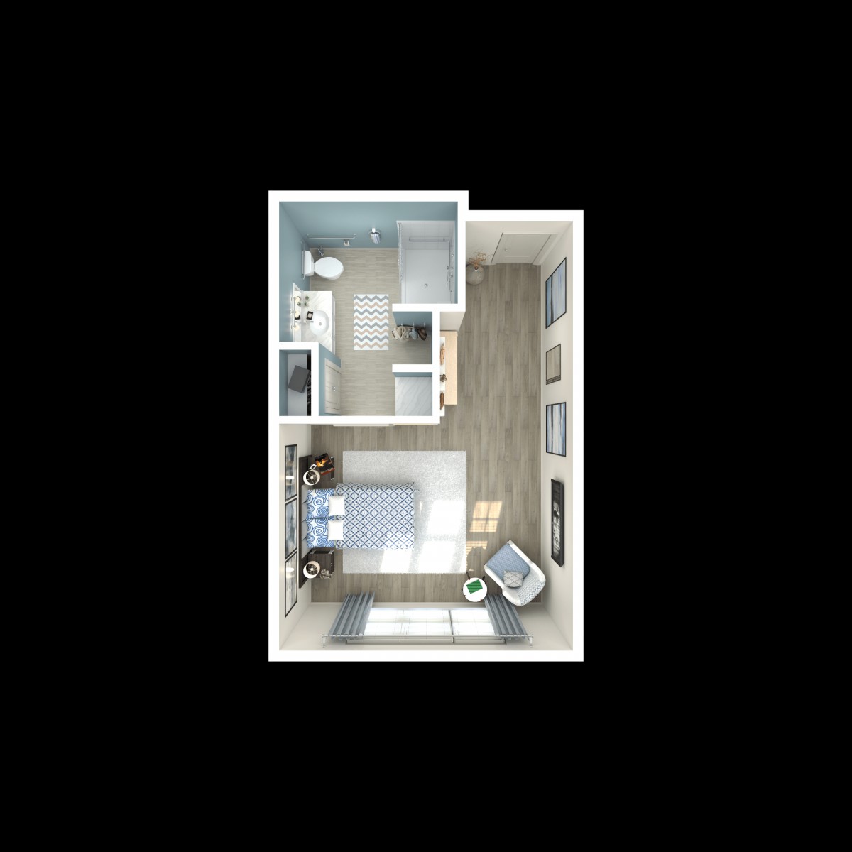 A 3D floor plan of a compact studio apartment showcasing an efficient and modern layout.