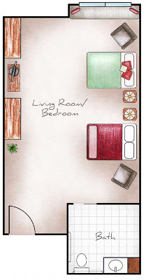 A floor plan illustrating a combined living room and bedroom layout with furniture arrangement.