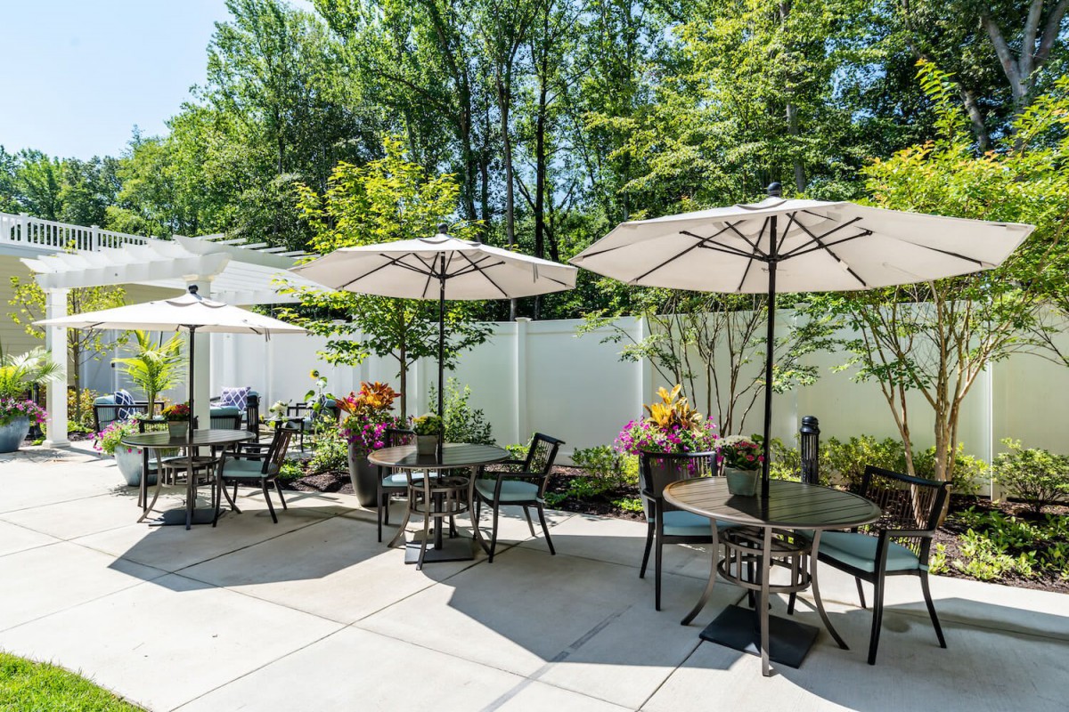 A sunny outdoor patio with tables, chairs, and umbrellas surrounded by greenery.