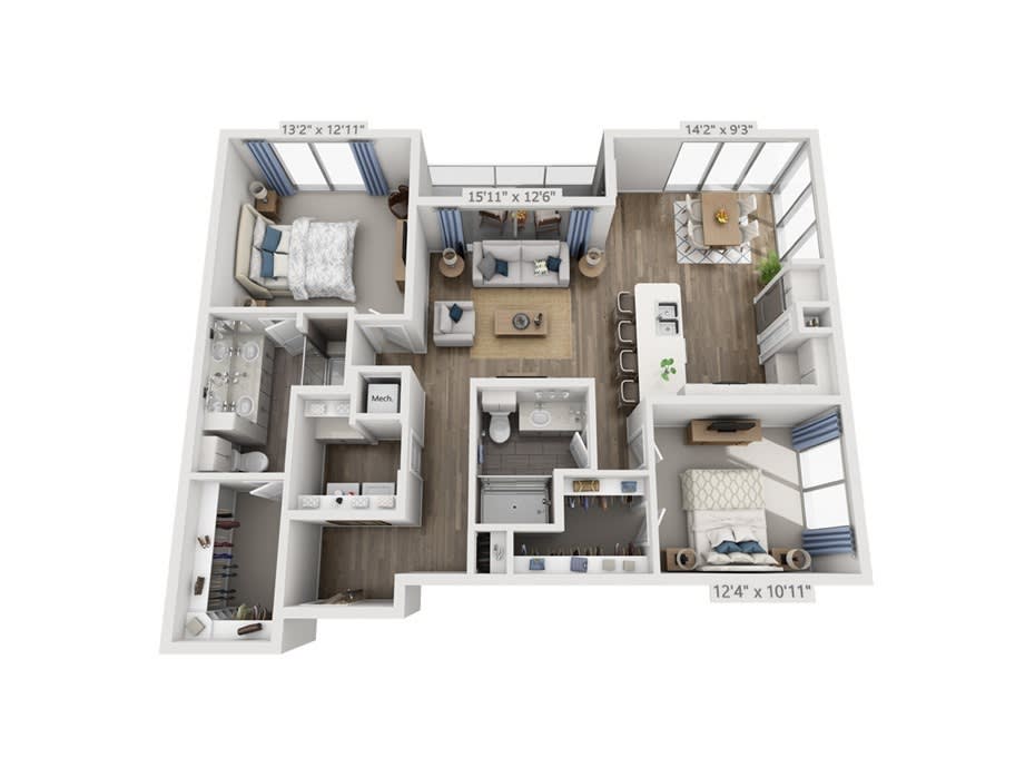 A detailed floor plan of a modern apartment with multiple rooms.