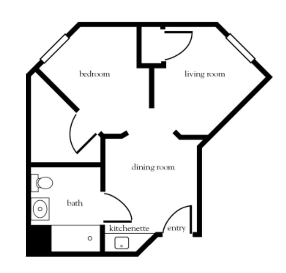 A compact floor plan showcasing a one-bedroom apartment with a living room, dining room, bathroom, and kitchen.