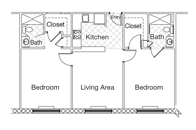 A floor plan for a two-bedroom apartment with a central living area and kitchen.