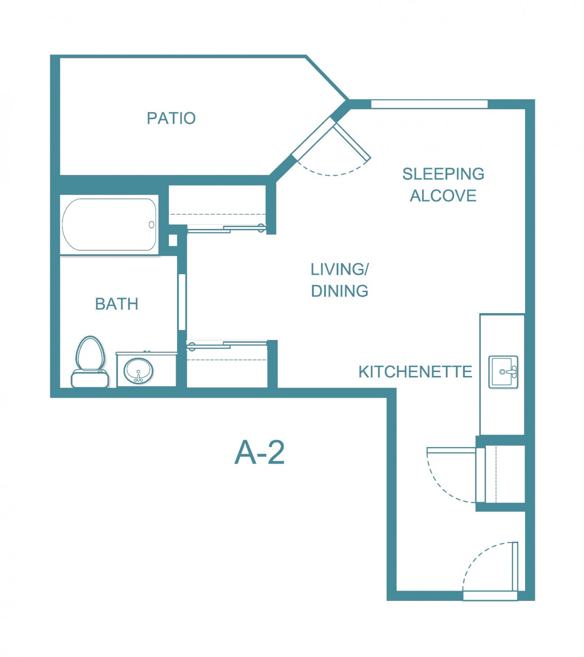 A studio apartment floor plan featuring a living area, kitchenette, bathroom, and patio.