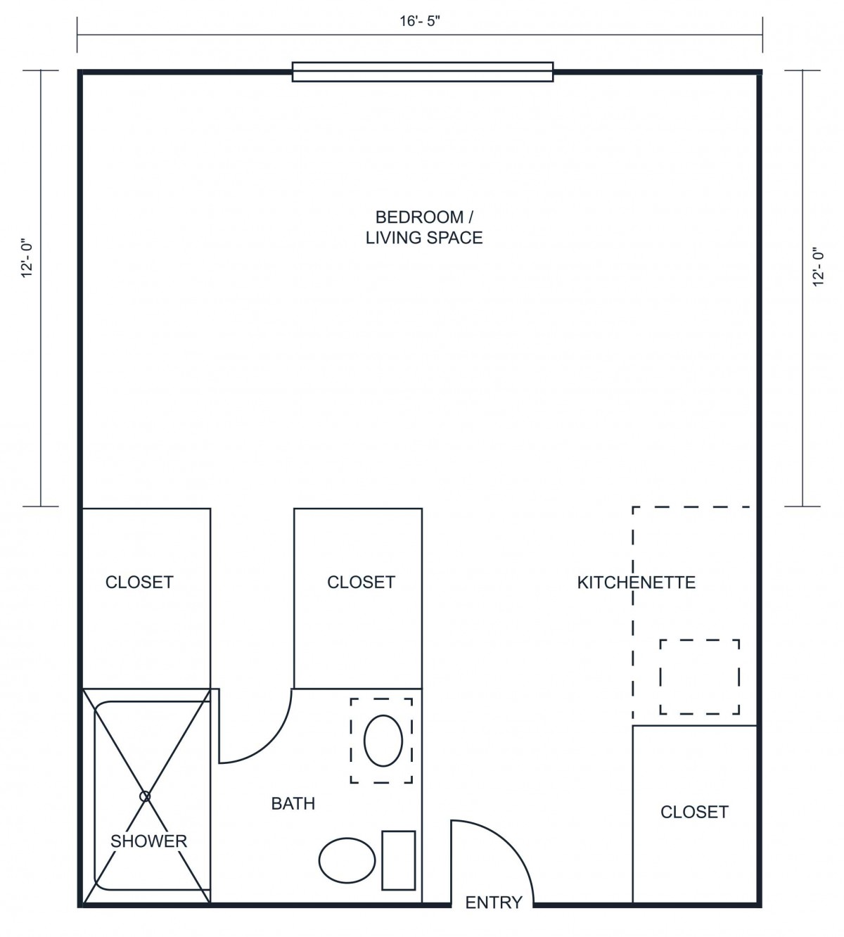 Blueprint layout of a bedroom and bathroom with closet space.