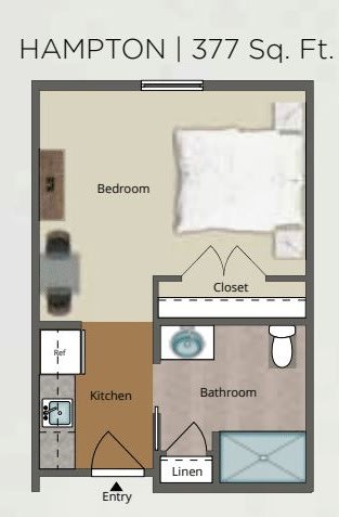 A floor plan of a one-bedroom apartment featuring a bedroom, closet, kitchen, and bathroom.