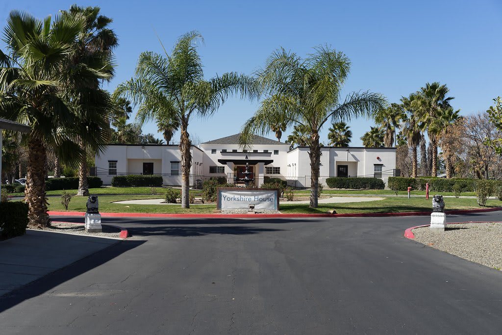 A scenic view of an entrance with a fountain surrounded by palm trees.
