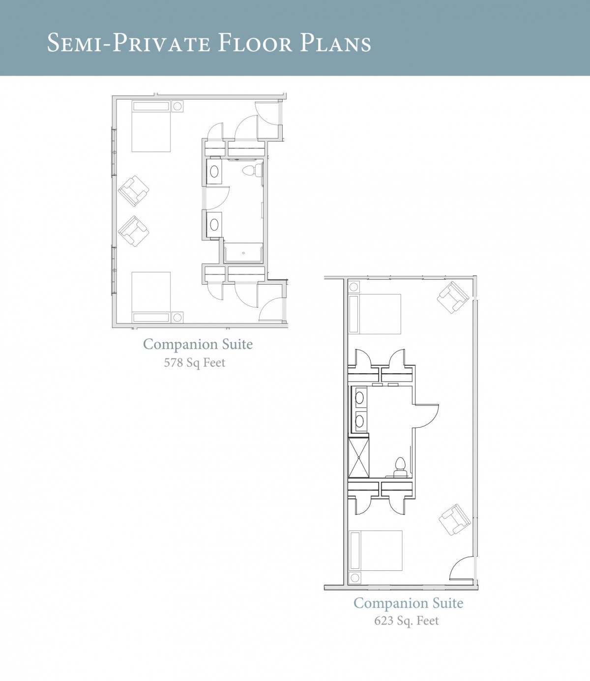 Blueprint of two compact suite floor plans with measurements.