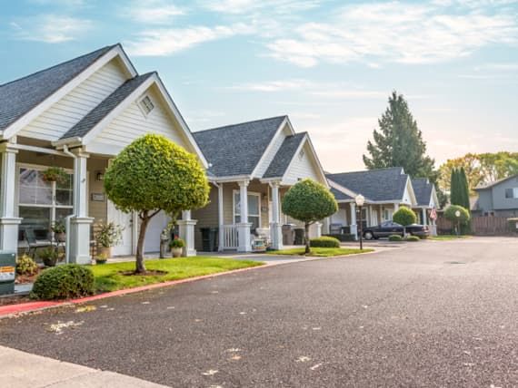 A peaceful suburban neighborhood with neatly arranged houses and well-maintained lawns.
