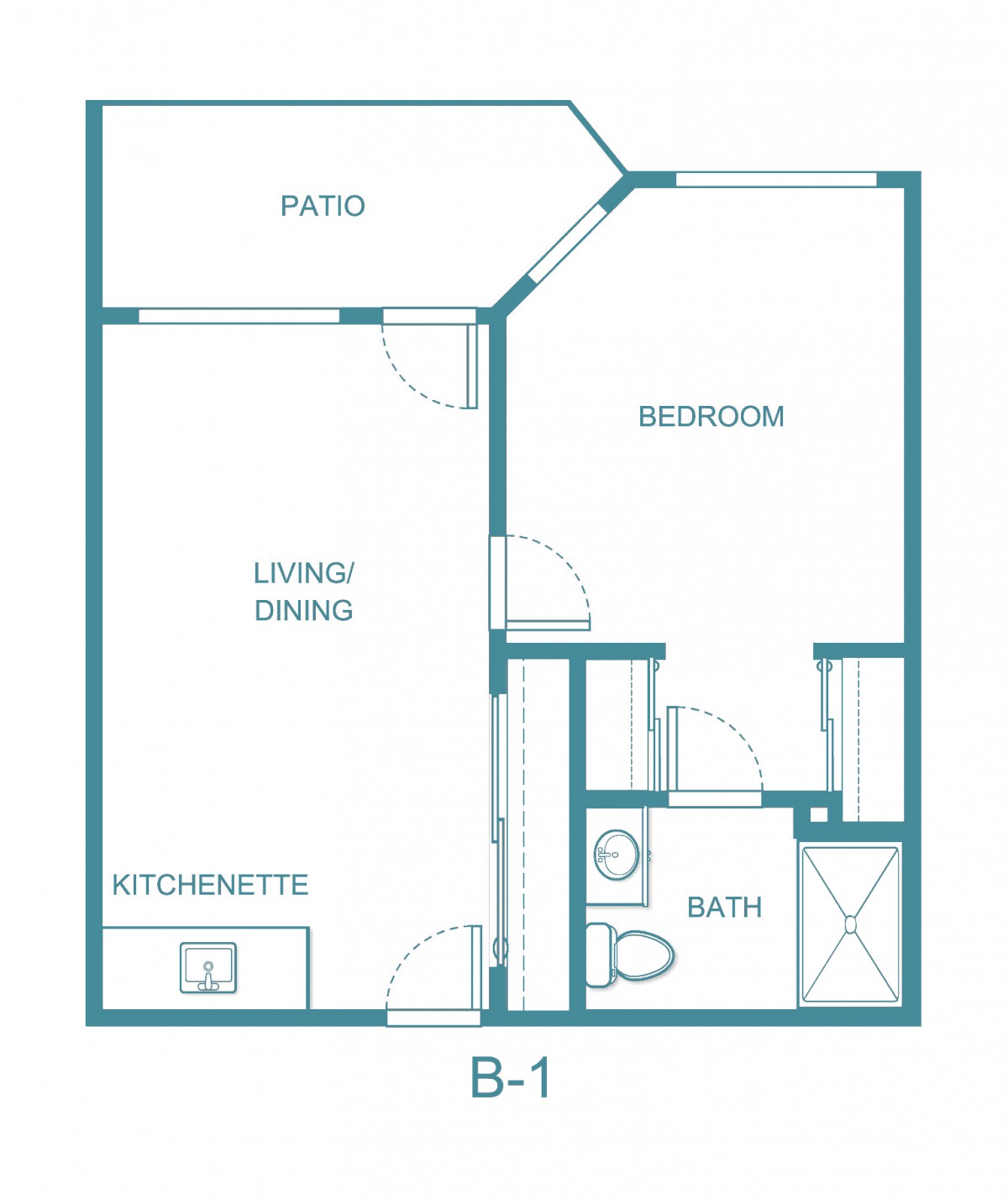 A one-bedroom apartment floor plan with a patio, living/dining area, kitchenette, and bathroom.