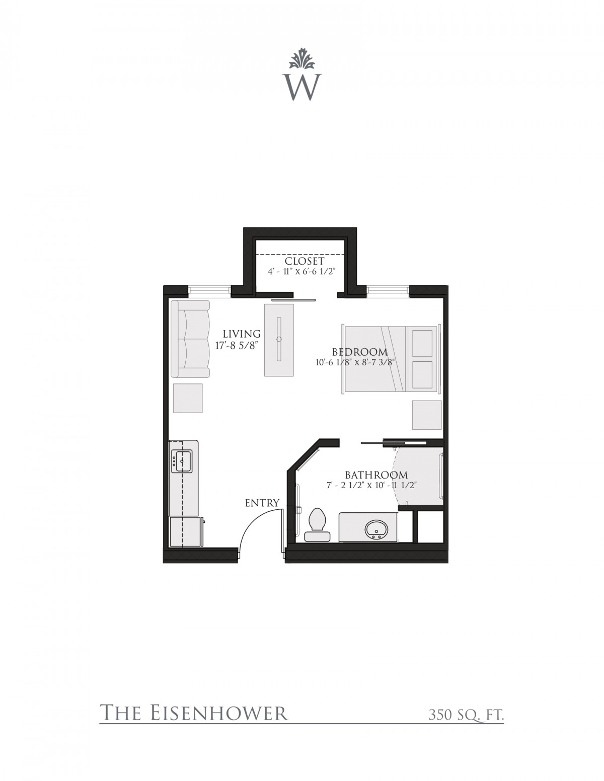 A floor plan of a compact one-bedroom apartment featuring a living area, kitchen, bathroom, and bedroom.