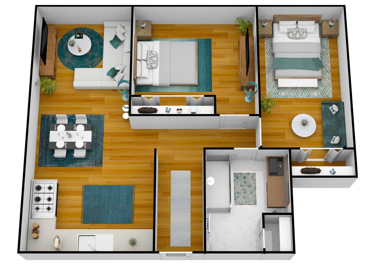 A 3D rendering of an apartment floor plan showcasing the layout and furniture arrangement.