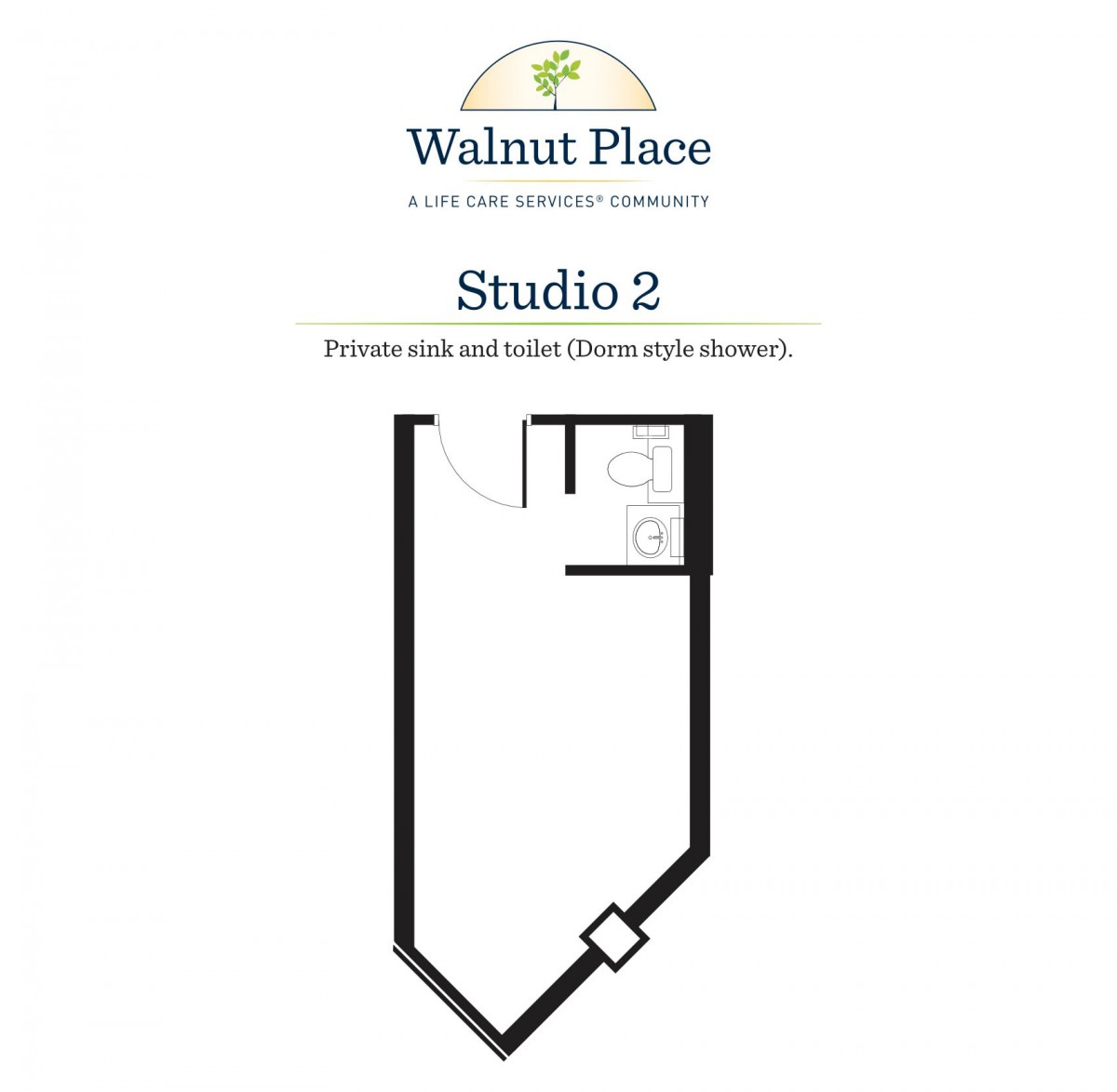 Floor plan of Studio 2 at Walnut Place with a modern open-concept layout.