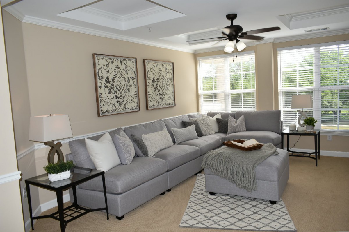 A modern living room featuring a large gray sectional sofa, artistic wall decor, and a cozy rug.