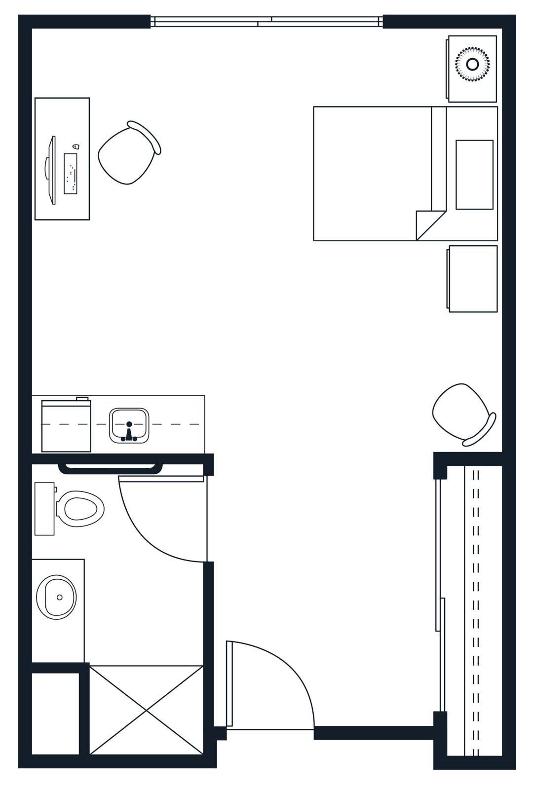 Floor plan of a compact studio apartment with bathroom, kitchenette, and living area.