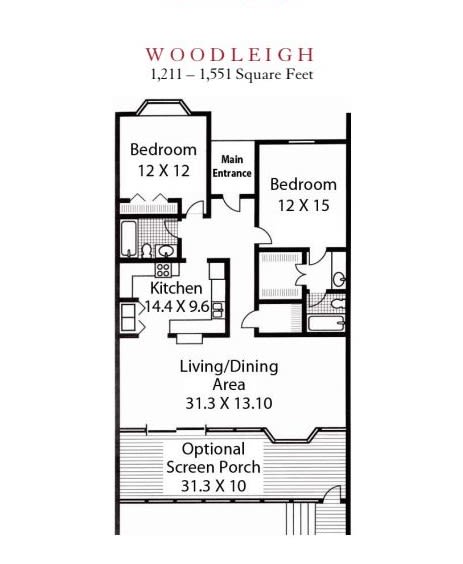 Woodleigh house floor plan with optional screen porch, featuring two bedrooms, two bathrooms, a kitchen, and a living/dining area.